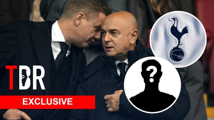 Tottenham Hotspur chairman Daniel Levy and Johan Lange. Inset of Tottenham badge and mystery manager.