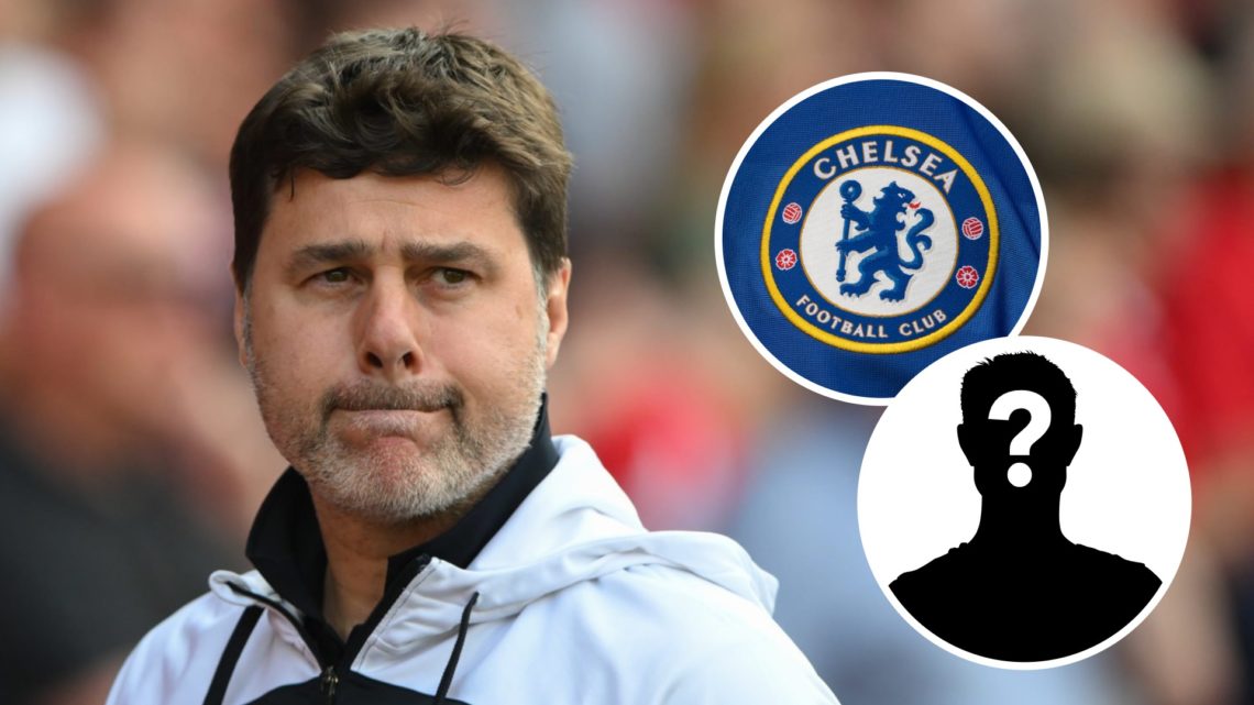 Mauricio Pochettino during a Chelsea match. Inset, Chelsea badge and a question mark.