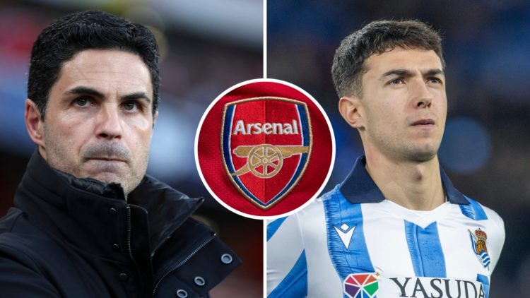 Split image of Mikel Arteta and Martin Zubimendi with Arsenal badge inset