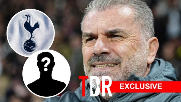 Tottenham Hotspur manager Ange Postecoglou looks disappointed. Inset of Tottenham badge and mystery player.