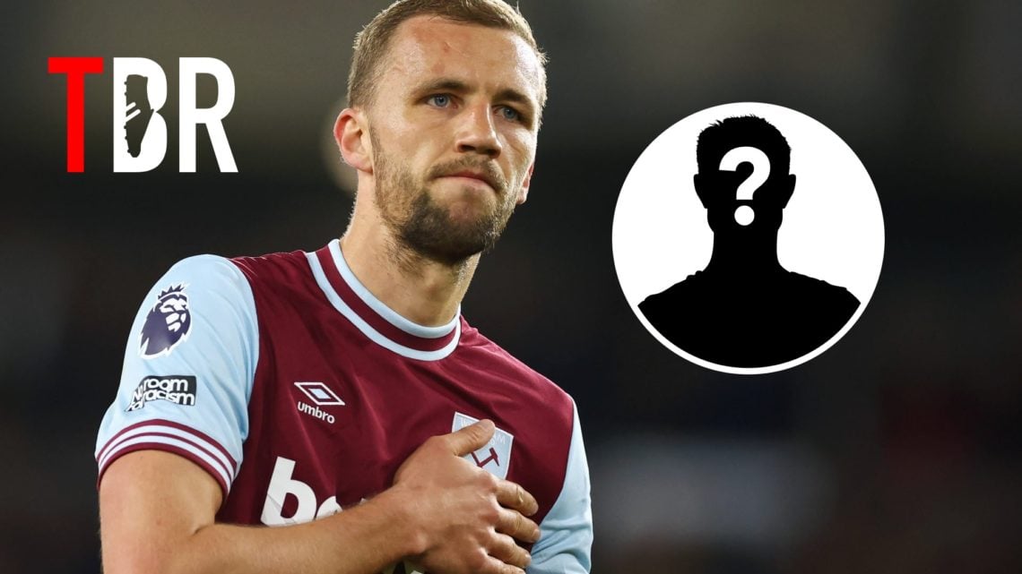 Image of Tomas Soucek addressing West Ham fans, mystery figure and TBR logo inset