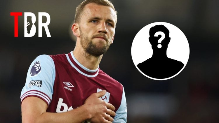 Image of Tomas Soucek addressing West Ham fans, mystery figure and TBR logo inset