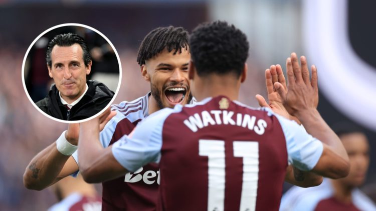 Aston Villa duo Tyrone Mings and Ollie Watkins with inset of manager Unai Emery