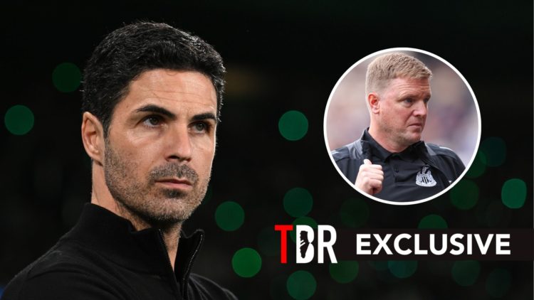 Mikel Arteta looks on during an Arsenal match in the Champions League. Inset, Newcastle manager Eddie Howe.