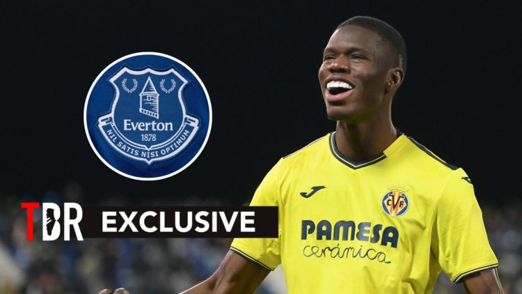 Thierno Barry celebrates for Villarreal. Inset, Everton badge.