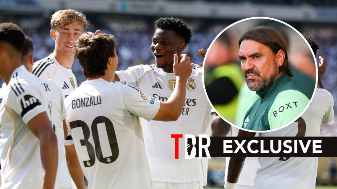 Real Madrid players celebrate Gonzalo Garcia's goal with an inset of Leeds boss Daniel Farke.