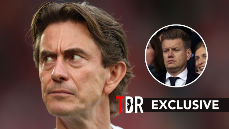 New Tottenham manager Thomas Frank looks on. Inset, technical director Johan Lange.