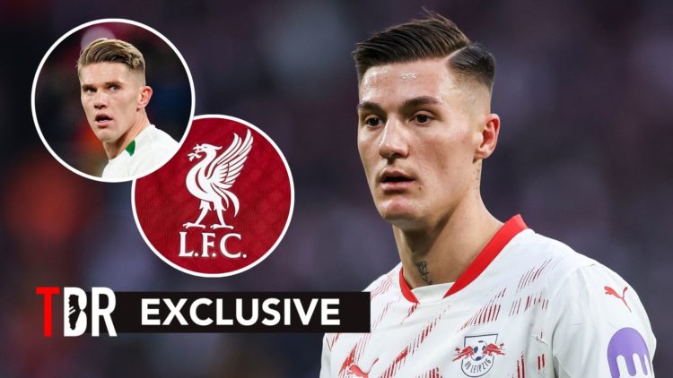 Benjamin Sesko during an RB Leipzig match alongside inserts of Viktor Gyokeres and Liverpool's club badge.
