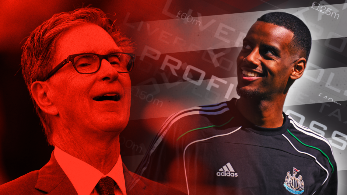 Illustration split image blending a laughing Liverpool owner John Henry with Newcastle United striker Alexander Isak