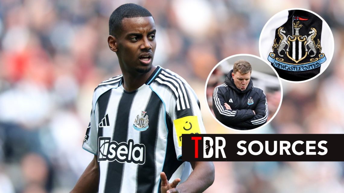 Alexander Isak during Newcastle United match. Inset of Eddie Howe and Newcastle badge.