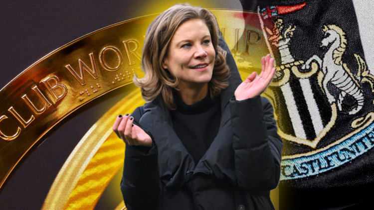 Split image with Amanda Staveley flanked by the Newcastle United badge and a closeup image of the Club World Cup
