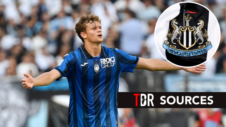 Atalanta defender Giorgio Scalvini in action during Serie A match. Inset of Newcastle United badge.