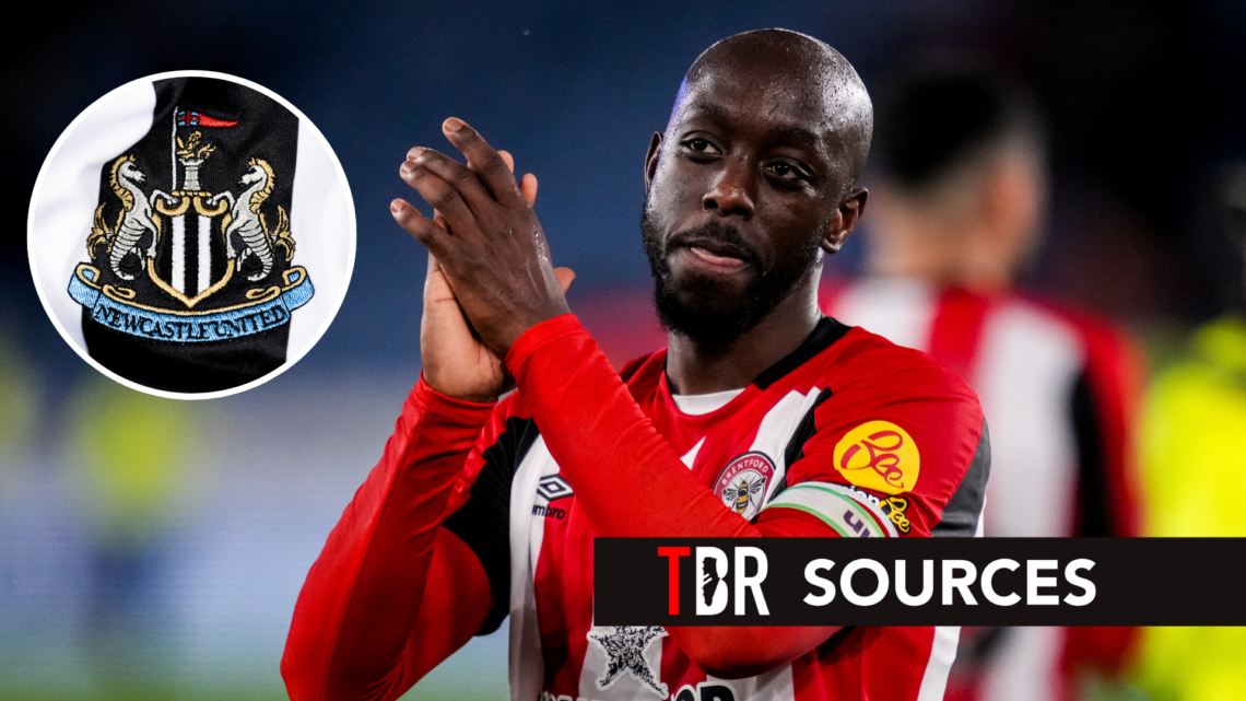 Brentford forward Yoane Wissa after Premier League match. Inset of Newcastle United badge.