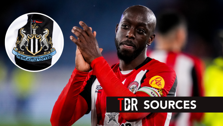 Brentford forward Yoane Wissa after Premier League match. Inset of Newcastle United badge.