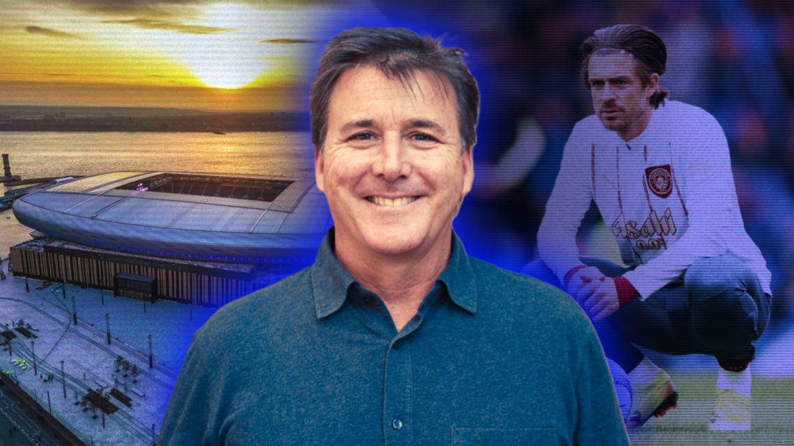 Composite image of Everton owner Dan Friedkin flanked by an aerial view of the Hill Dickinson Stadium at Bramley Moore Dock and Manchester City for...