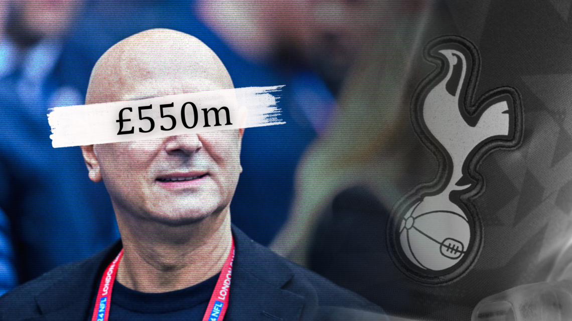 Split image with Daniel Levy and the Tottenham badge, with '£550m' wordage