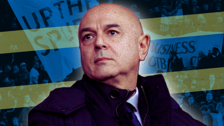 Daniel Levy illustration image, superimposed over background of Tottenham fans