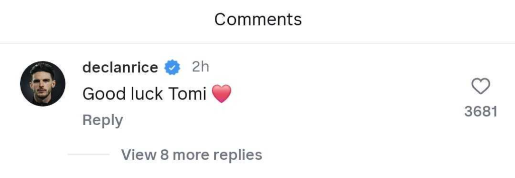 Screengrab of Declan Rice reply under Takehiro Tomiyasu's Instagram post about leaving Arsenal
