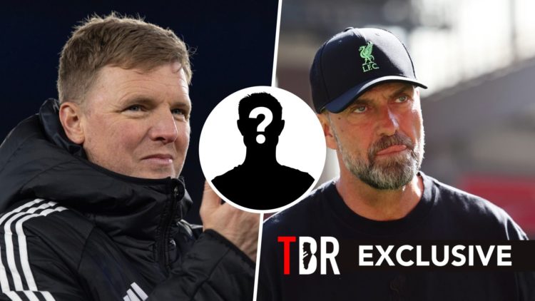 Split image of Newcastle manager Eddie Howe and Jurgen Klopp with overlay of mystery player