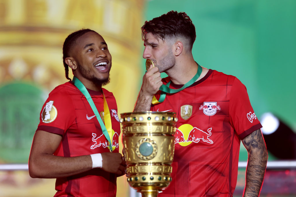 Dominik Szoboszlai and Christopher Nkunku celebrate at RB Leipzig