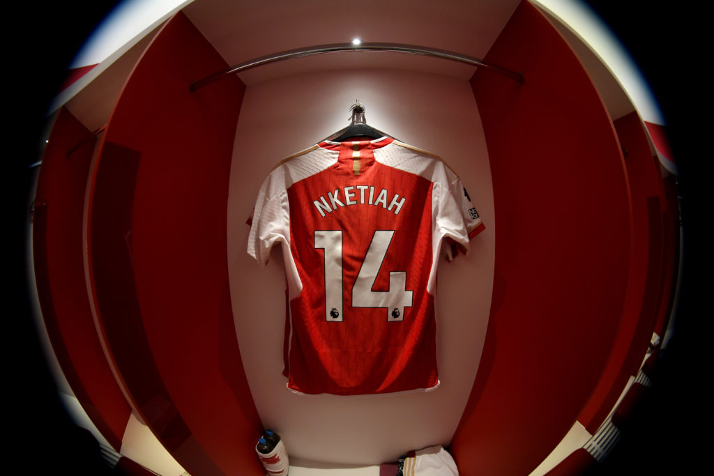 A view of the match shirt of Eddie Nketiah of Arsenal inside the changing room prior to the Premier League match between Arsenal FC and Brighton at Emirates Stadium on December 17, 2023