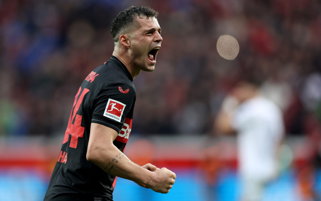Granit Xhaka of Bayer Leverkusen celebrates during the Bundesliga match between Bayer 04 Leverkusen and TSG Hoffenheim