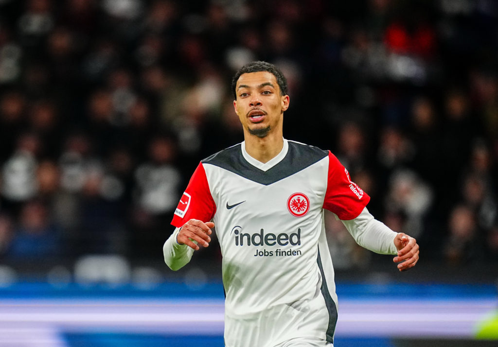 Hugo Ekitike of Eintracht Frankfurt looks on during 1. Bundesliga match between Eintracht Frankfurt and Bayer 04 Leverkusen at the Deutsche Bank Park, Frankfurt, Germany, on March 1, 2025.