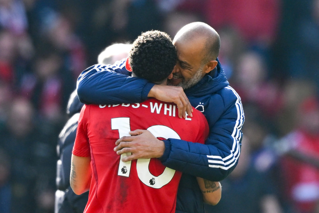 Morgan Gibbs-White is embraced by Nuno Espirito Santo after Nottingham Forest vs Manchester City in the Premier League