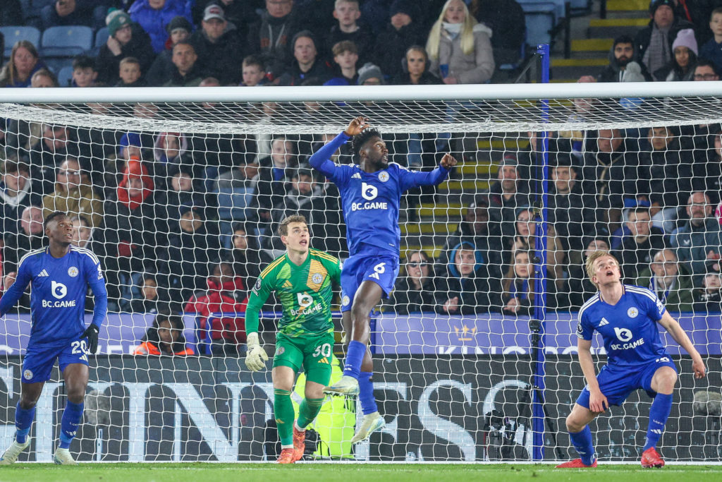 Leicester City players including Mads Hermansen and Wilfred Ndidi during a Leicester City game