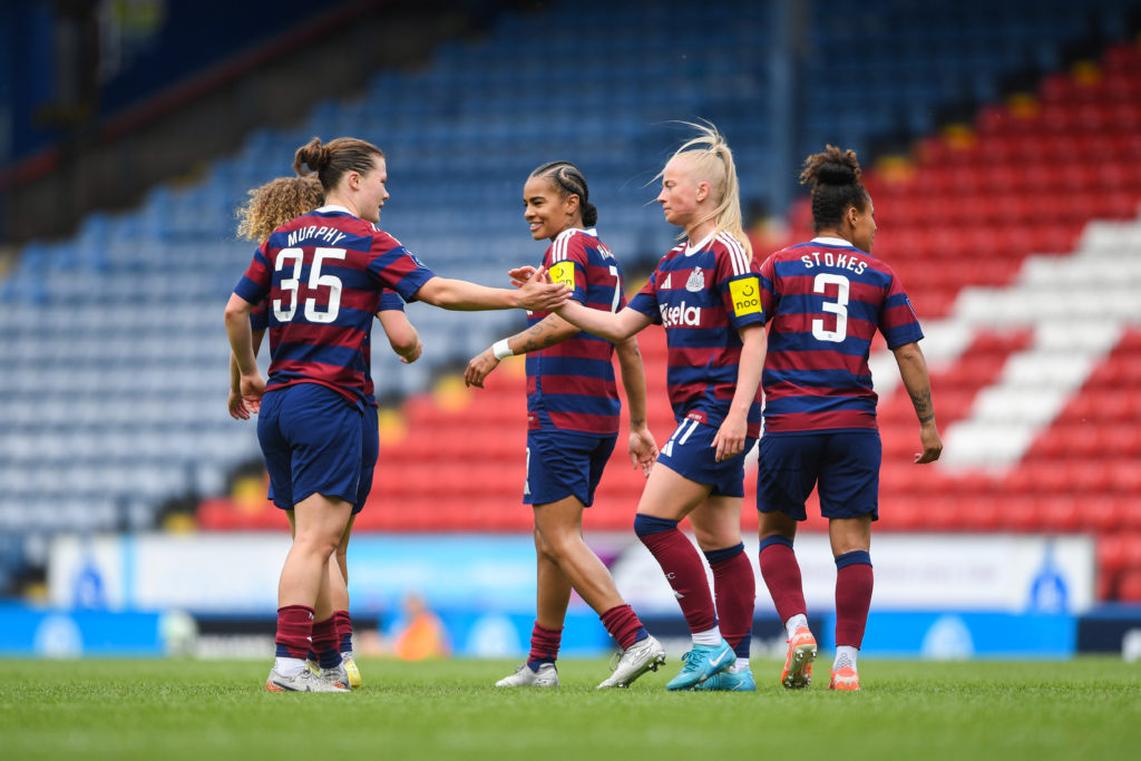 Shania Hayles of Newcastle United celebrates scoring Newcastle United's fourth goal of the game during the Barclays Women's Championship match between Blackburn Rovers and Newcastle United at Ewood Park on May 04, 2025