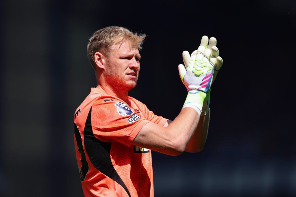 Aaron Ramsdale claps his hands during a Premier League game between Everton and Southampton at Goodison Park.