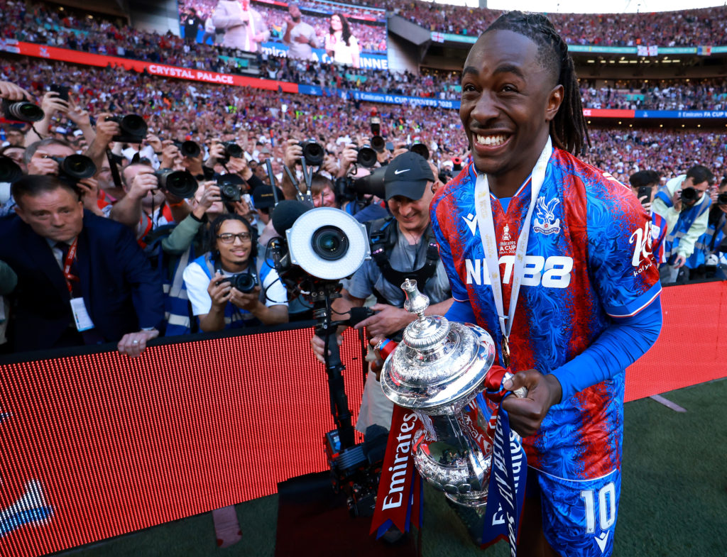 Eberechi Eze celebrates winning the FA Cup with Crystal Palace