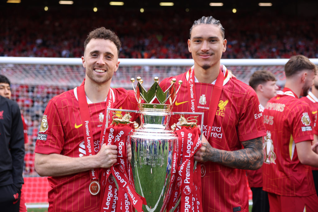 Diogo Jota and Darwin Nunez posing with Premier League trophy