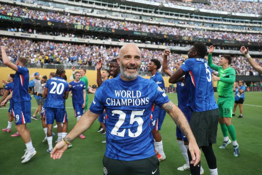 Enzo Maresca celebrates winning the Club World Cup with Chelsea.