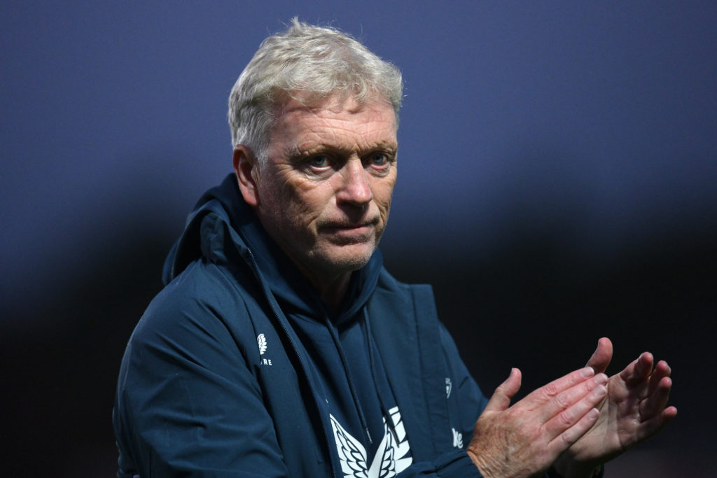David Moyes, Manager of Everton, looks on