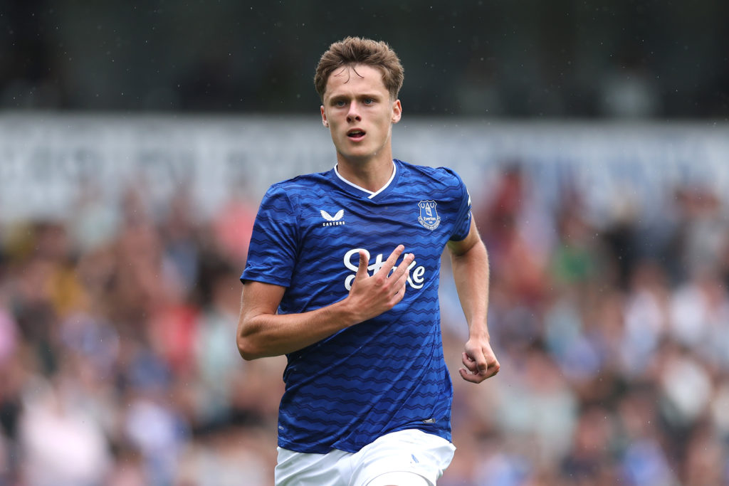Harrison Armstrong of Everton in action during the pre-season friendly match between Blackburn Rovers and Everton at Ewood Park on July 19, 2025