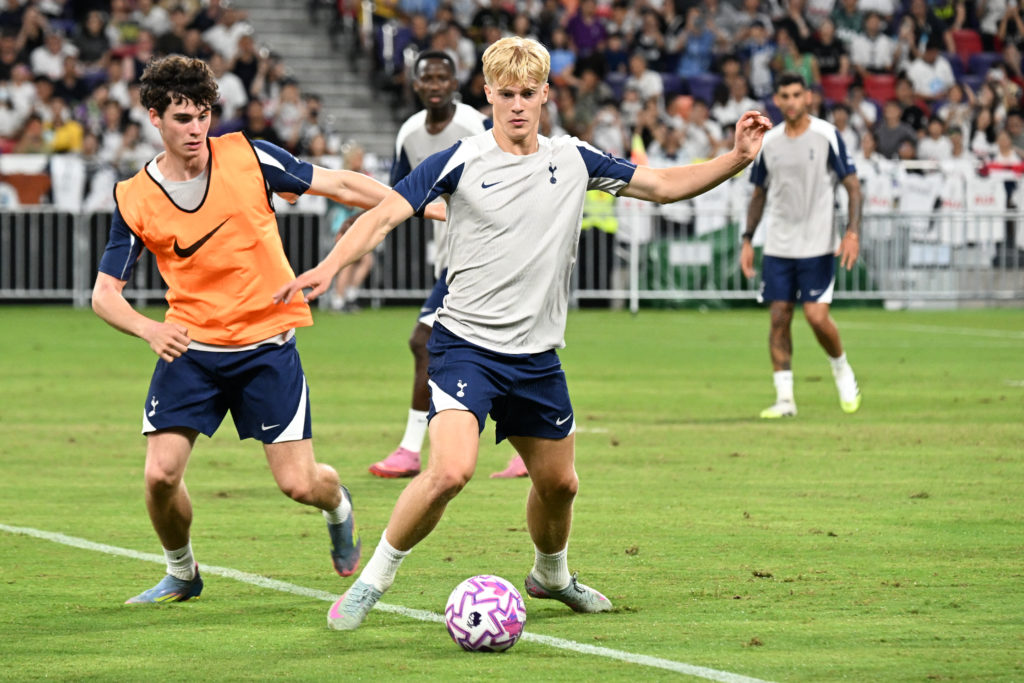 Archie Gray and Lucas Bergvall during Tottenham training session.