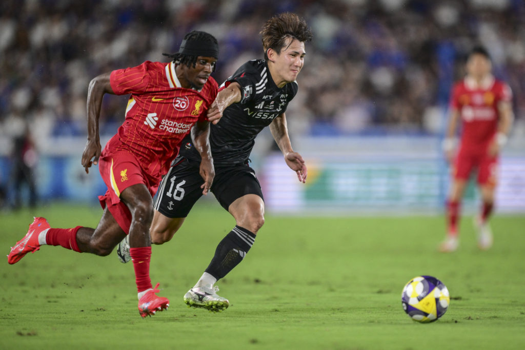Jeremie Frimpong in action for Liverpool vs Yokohama.
