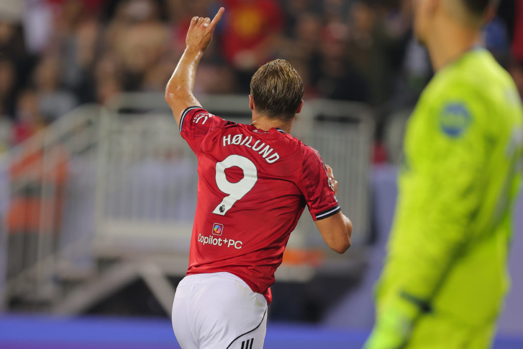 Rasmus Højlund #9 of Manchester United celebrates after scoring during the first half of the Premier League Summer Series