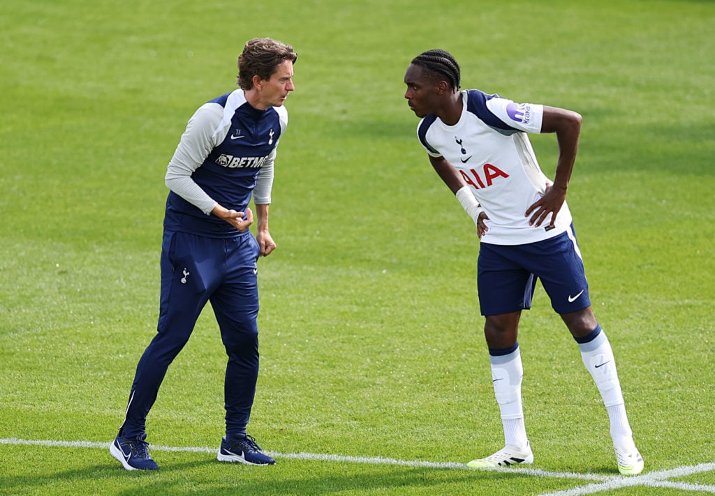 Thomas Frank and Mathys Tel in conversation ahead of Luton Town v Tottenham Hotspur in Pre-Season Friendly