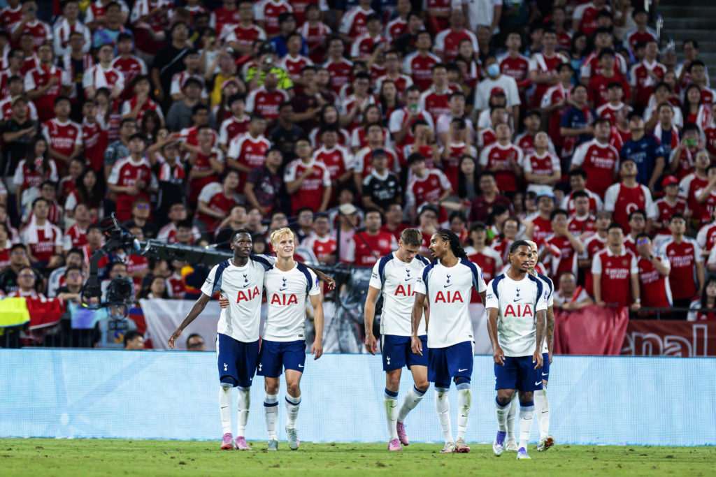 Pape Matar Sarr celebrates goal for Tottenham against Arsenal in Pre-Season Friendly