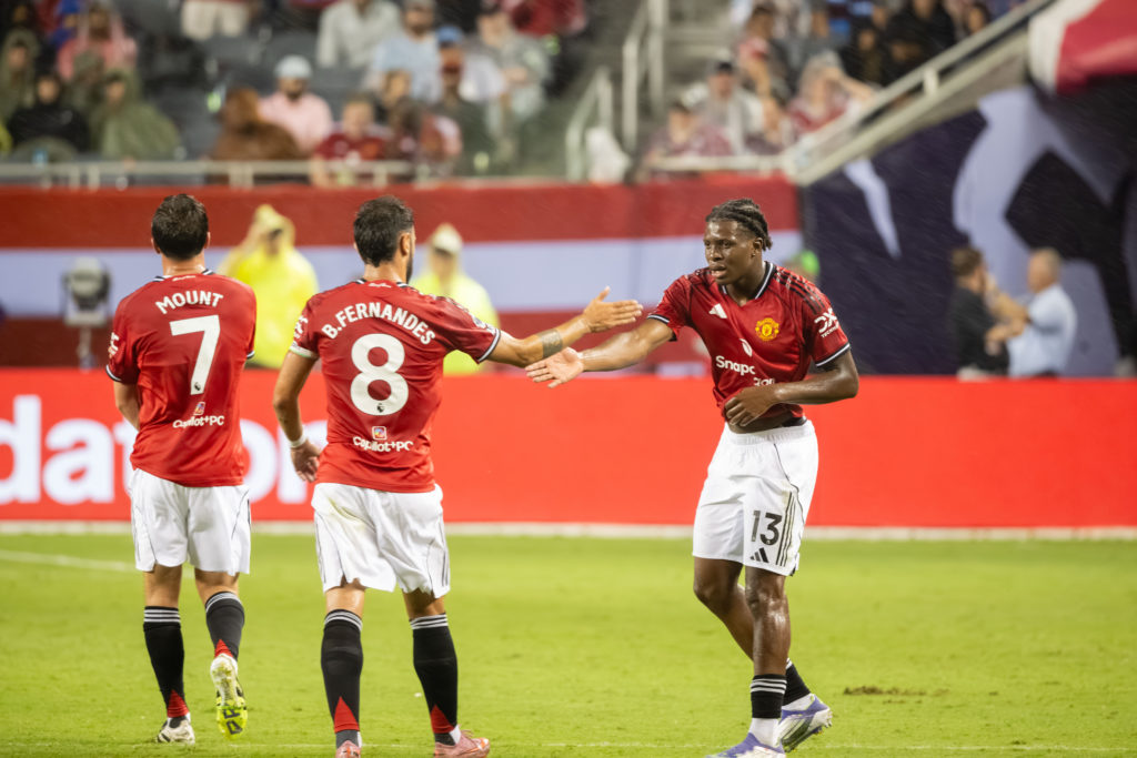 Patrick Chinazaekpere Dorgu of Manchester United celebrates scoring their second goal during the Premier League Summer Series match between Manchester United and Bounemouth