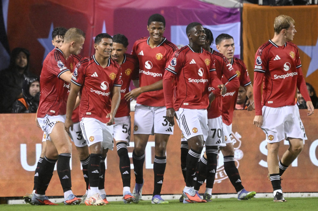 Ethan Williams of Manchester United celebrates after scoring the team's fourth goal with teammates during the Premier League Summer Series match between Manchester United and AFC Bournemouth
