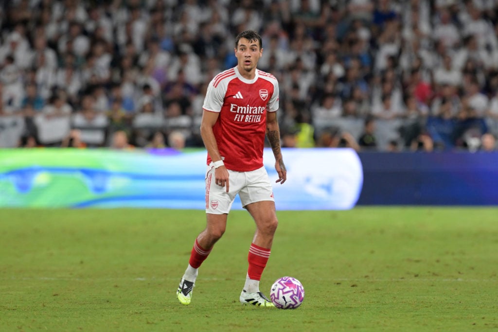 Jakub Kiwior of Arsenal runs with the ball during the Pre-Season Friendly match between Arsenal and Tottenham Hotspur at Kai Tak Sports Park on July 31, 2025