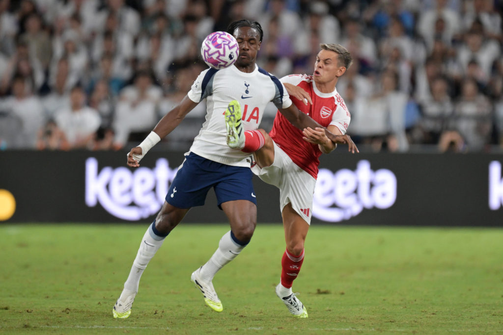 Mathys Tel and Leandro Trossard battle during Arsenal v Tottenham Hotspur in Pre-Season Friendly