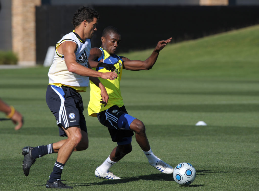 Michael Ballack and Salomon Kalou challenging for the ball during a Chelsea training session