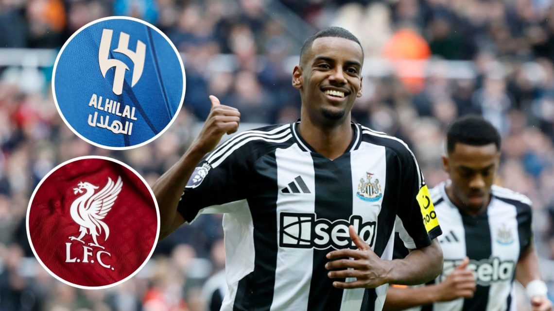 Main: Alexander Isak celebrates scoring for Newcastle against Nottingham Forest in the Premier League. Insets: A detailed view of the Al-Hilal and ...