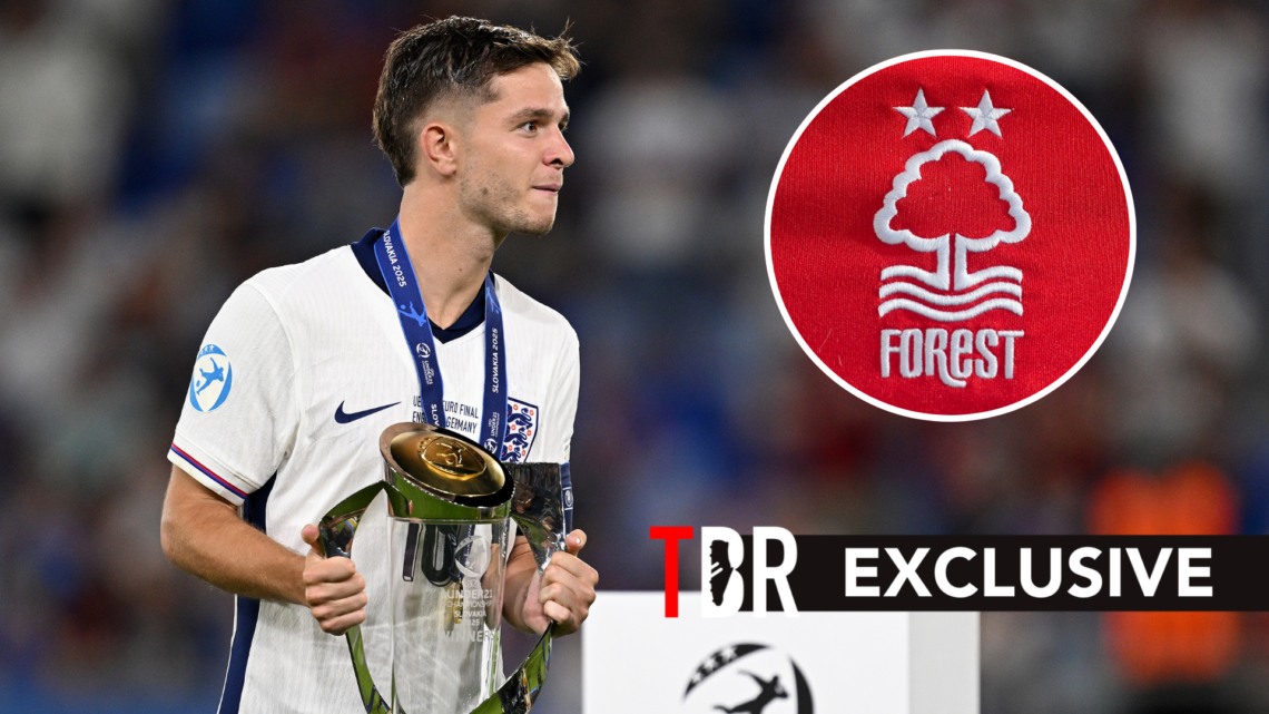 James McAtee with the U-21 European Championships trophy after winning with England. Inset of Nottingham Forest badge.