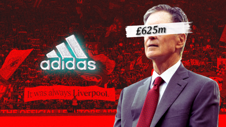 An illustration image of Liverpool, FSG owner John Henry and the Adidas logo with '£625m' wordage