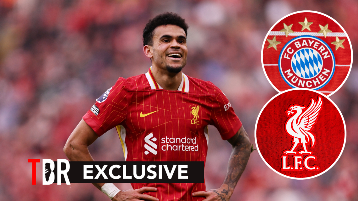 Liverpool forward Luis Diaz during Premier League match. Inset of Bayern Munich badge and Liverpool badge.